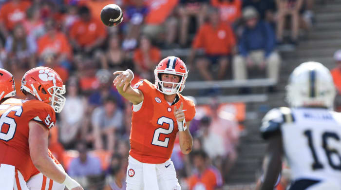 Clemson quarterback Cade Klubnik passes the ball during the third quarter of the game with Charleston Southern at Memorial Stadium.